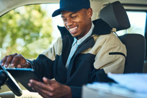 Smiling Delivery Driver using VoIP