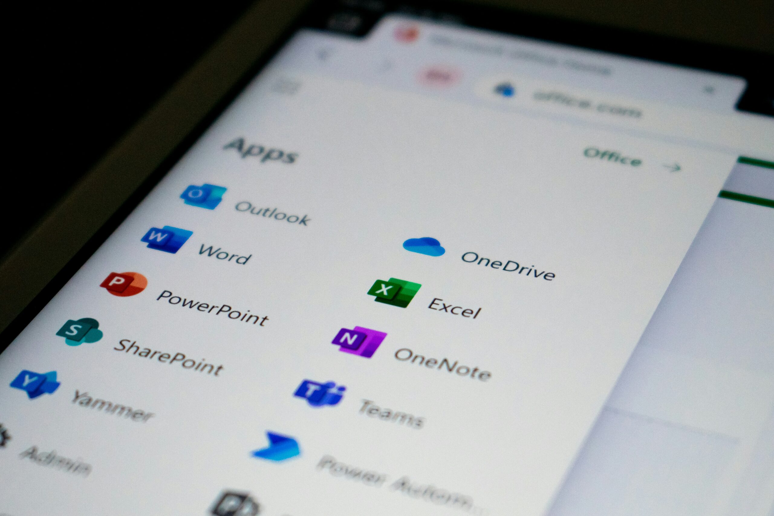 Close-up of Microsoft 365 app icons on a screen.
